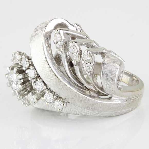Unique Vintage 14K Art Nouveau White Gold Diamond Cocktail Ring - Picture 5 of 10